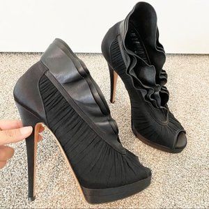 CASADEI satin leather tulle peplum open toe stiletto ruffle heels black size 8.5